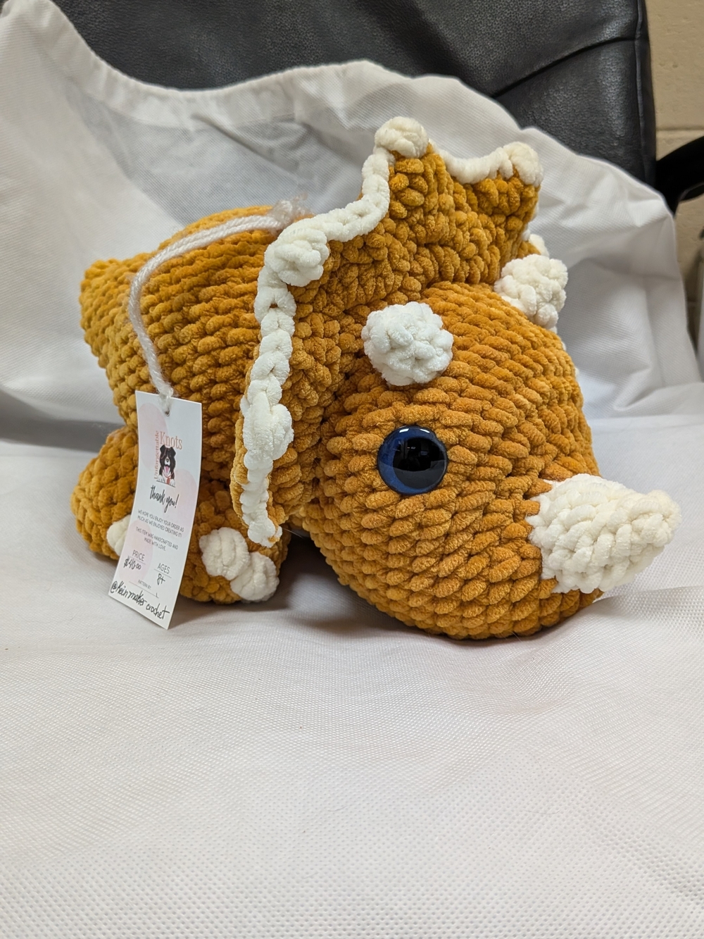 Handmade Crocheted Plush Triceratops Toy - Mustard Yellow & Cream